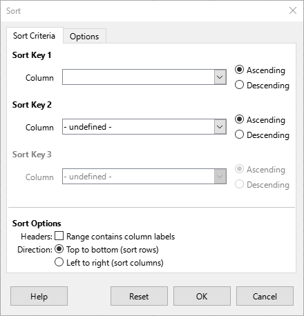 Sort dialog, Sort Criteria tab