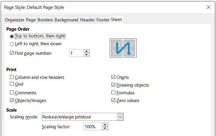 Page Style dialog – Sheet tab