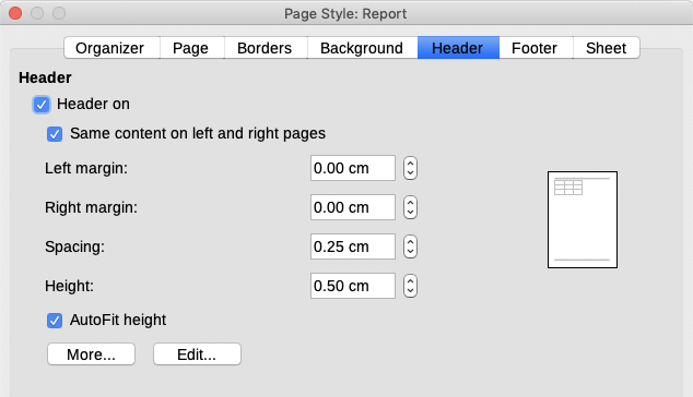 Header tab of Page Style dialog