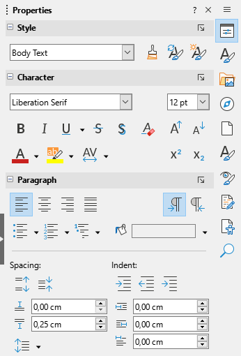 Example of Properties deck in Writer Sidebar