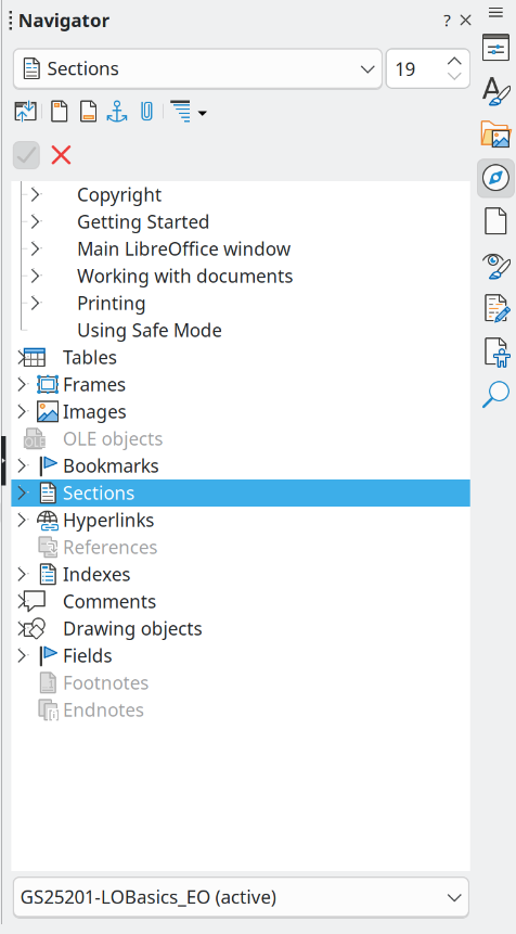 Example of Navigator deck in Writer Sidebar