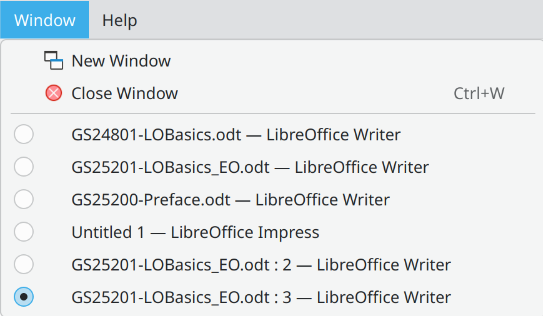 Example of separate windows list