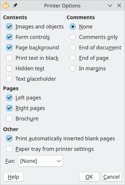 Example of Printer Options dialog