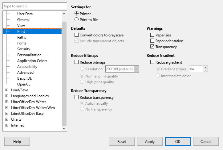 Options LibreOffice Print dialog