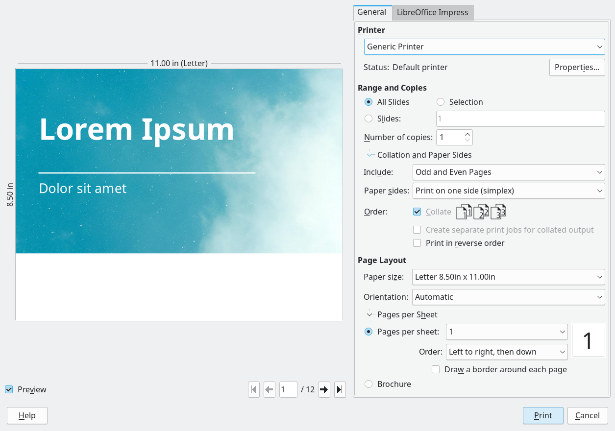 Impress Print dialog — General page in Windows or Linux
