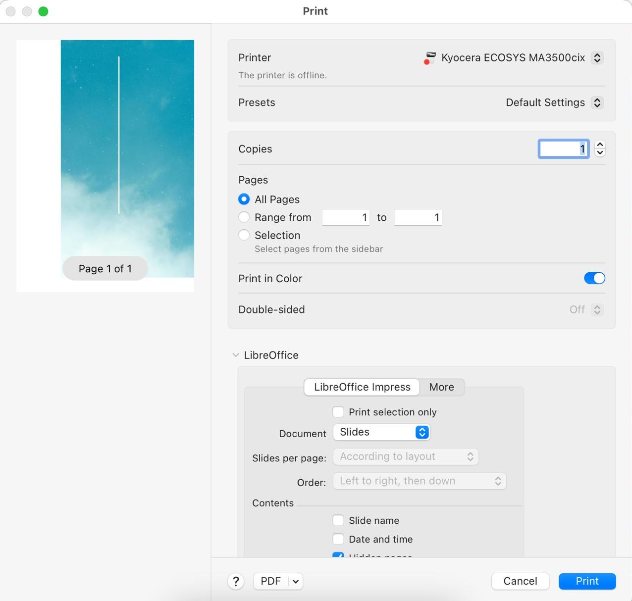 Impress Print dialog — General page in macOS