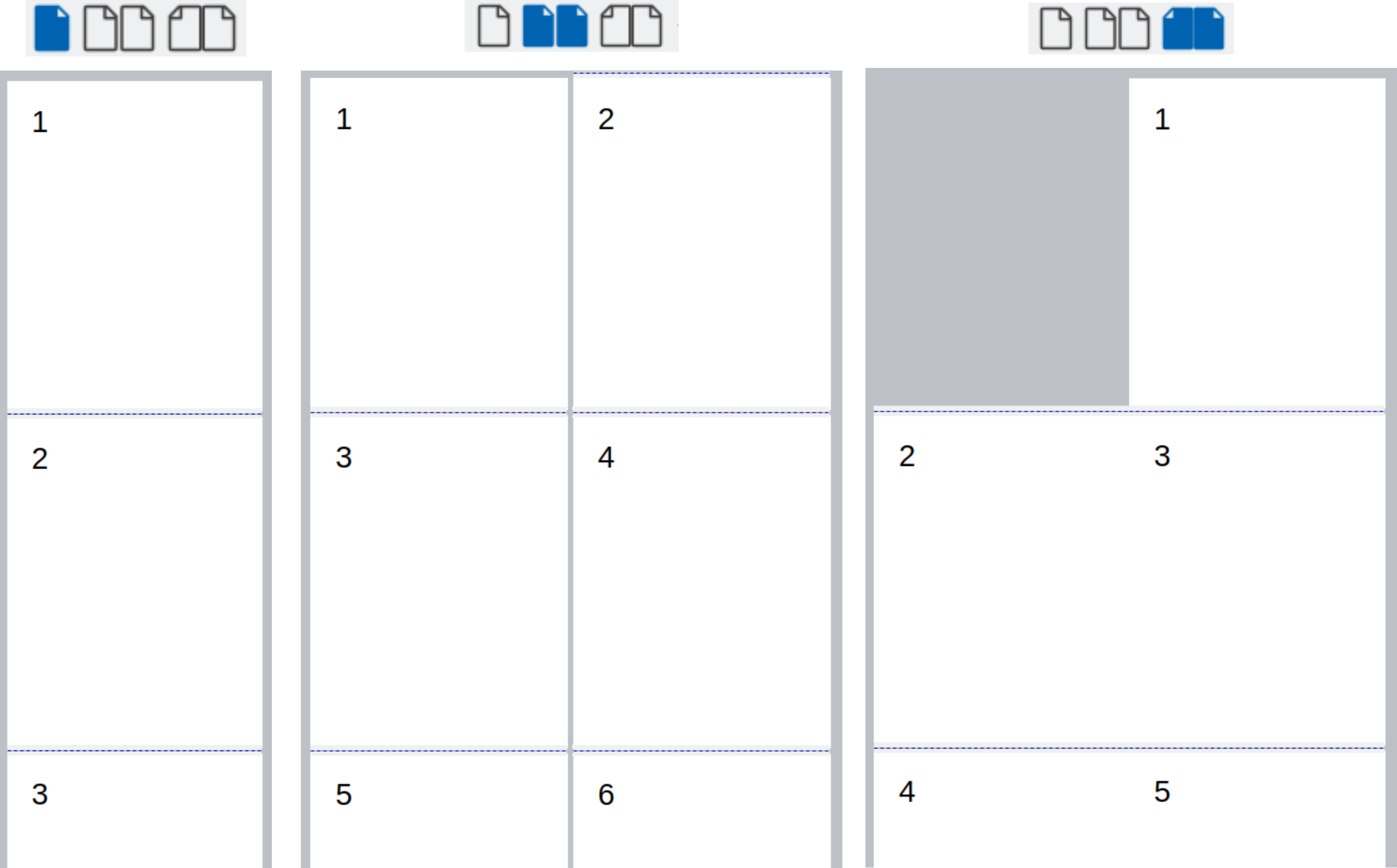View layouts: single page, multiple pages, book
