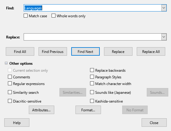 Expanded Find and Replace dialog