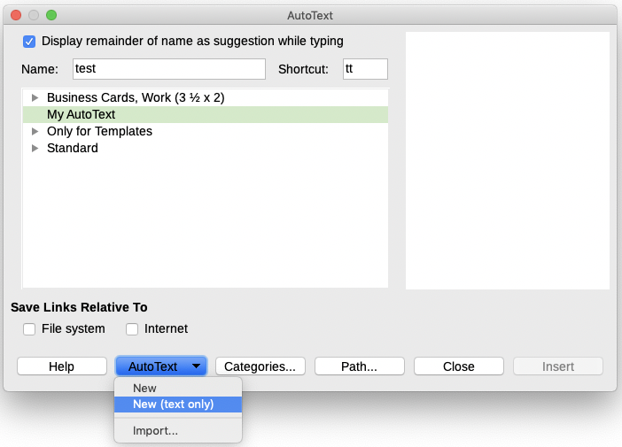 Creating an AutoText entry