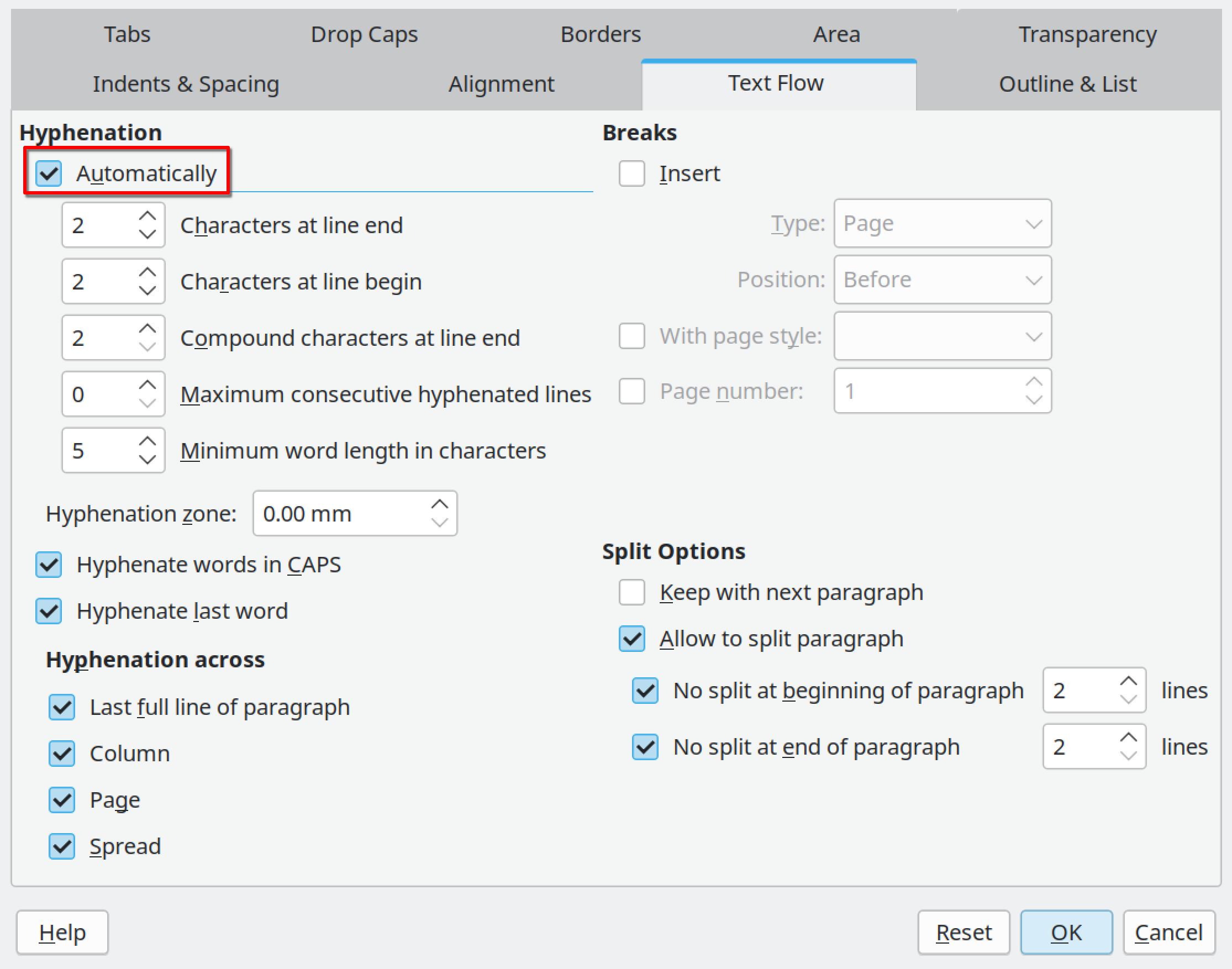 Turning on automatic hyphenation in a paragraph style