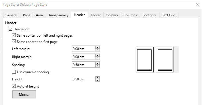 Page Style dialog, Header tab