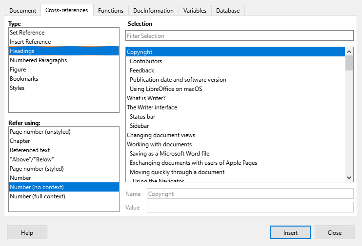 The Cross-references tab of the Fields dialog