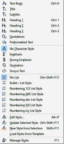 Styles submenu in Writer