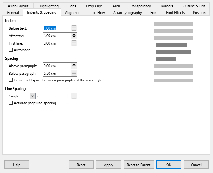 Paragraph Style dialog