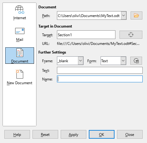 Hyperlink dialog — Document page