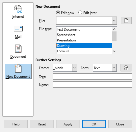 Hyperlink dialog — New Document page