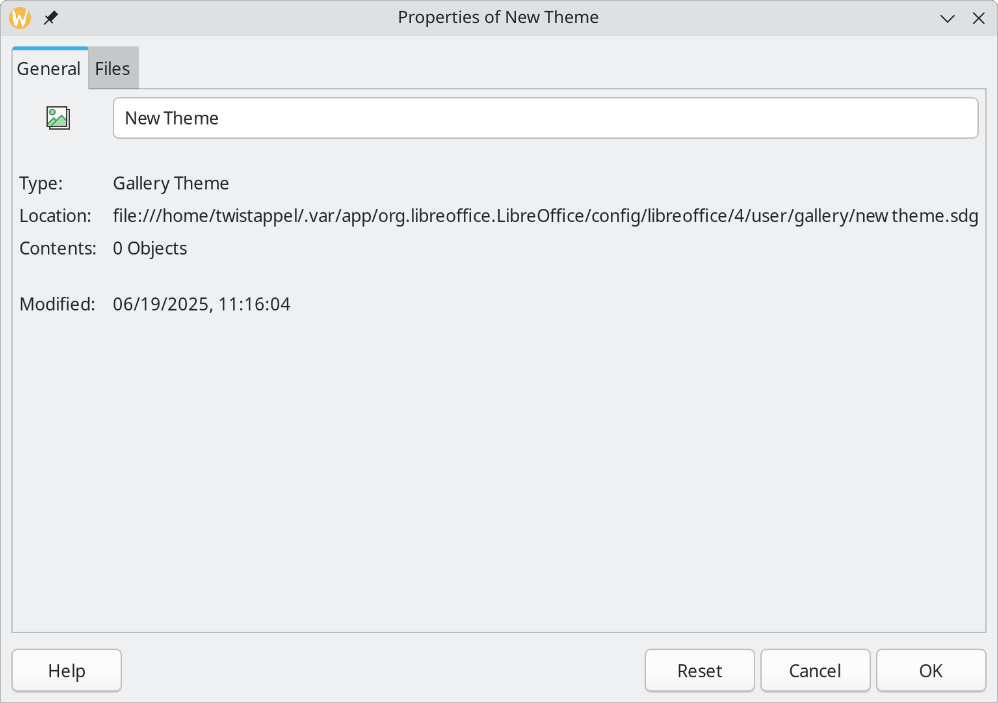 Properties of New Theme dialog — General page
