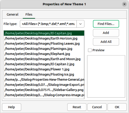 Properties of New Theme dialog — Files page