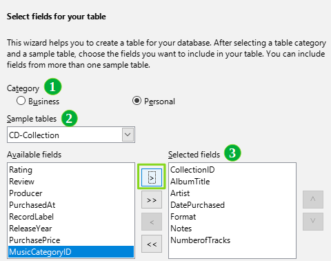 Selecting fields from the Personal category