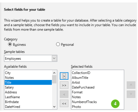 Selecting fields for the table