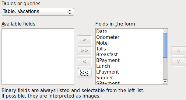 Selecting fields in the Form Wizard