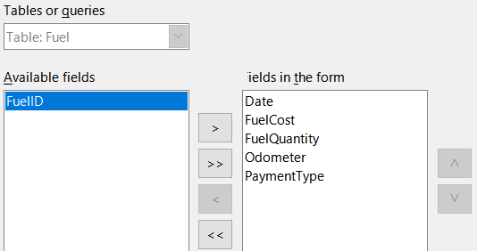 Selecting fields for a subform