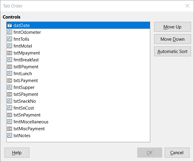 Possible tab order for the Vacations form