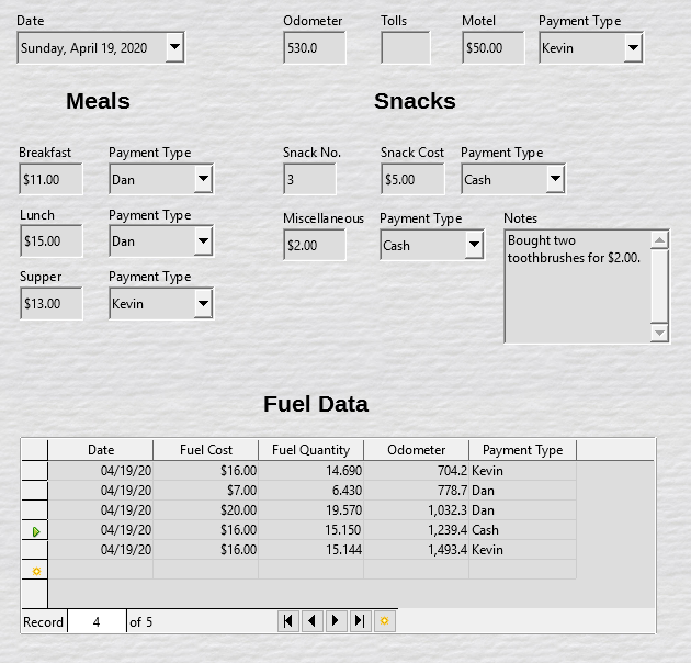 Sample record of the Vacations form and subform