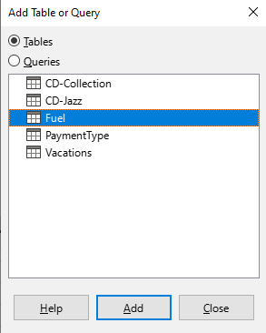 Add Table or Query dialog