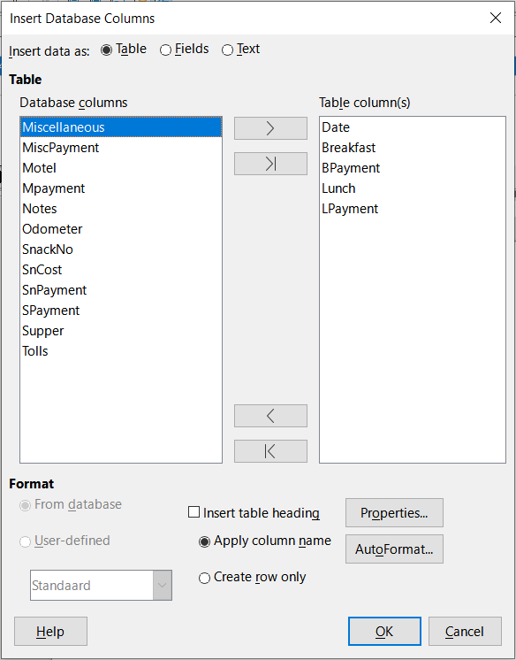 Insert Database Columns dialog