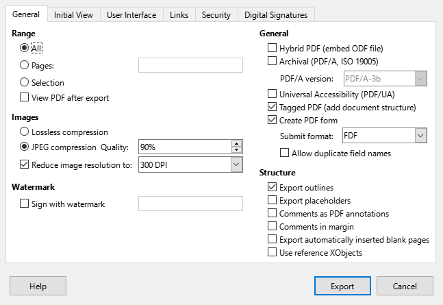 PDF Options dialog — General page