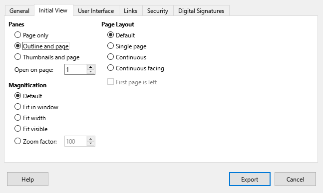 PDF Options dialog — Initial View page