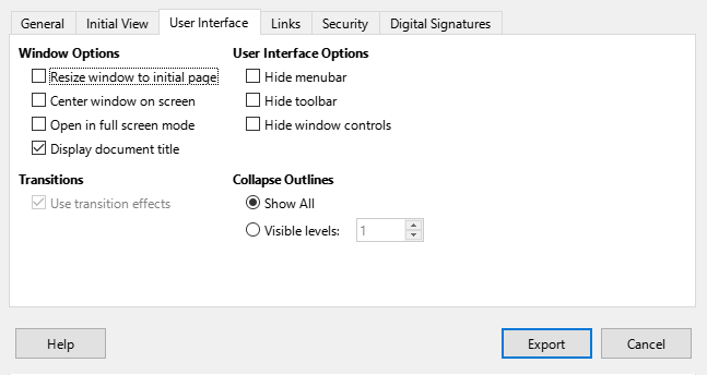 PDF Options dialog — User Interface page