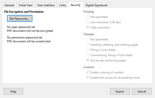 PDF Options dialog — Security page