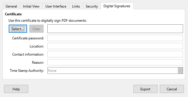 PDF Options dialog — Digital Signatures page