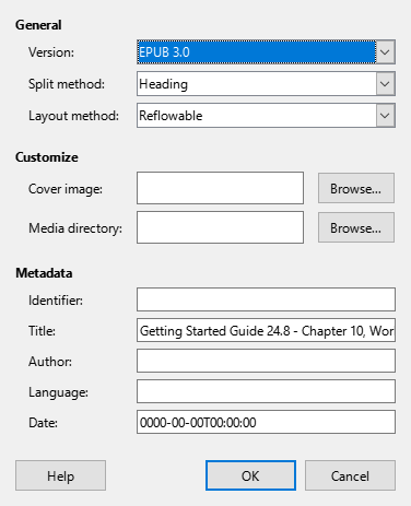 EPUB Export dialog