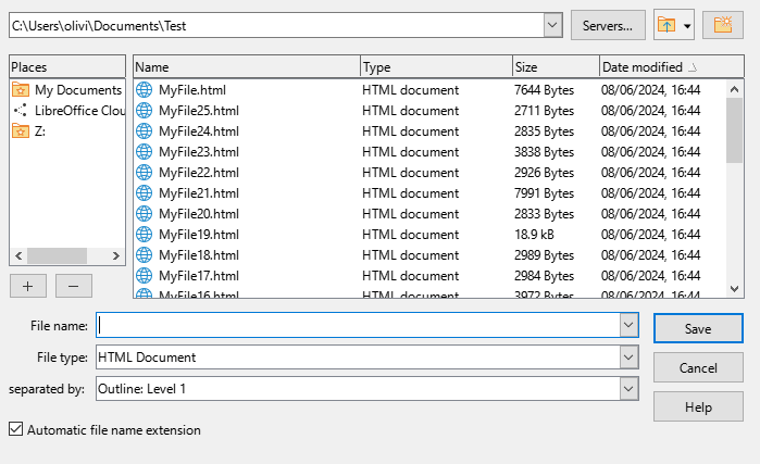 Name and Path of the HTML Document dialog