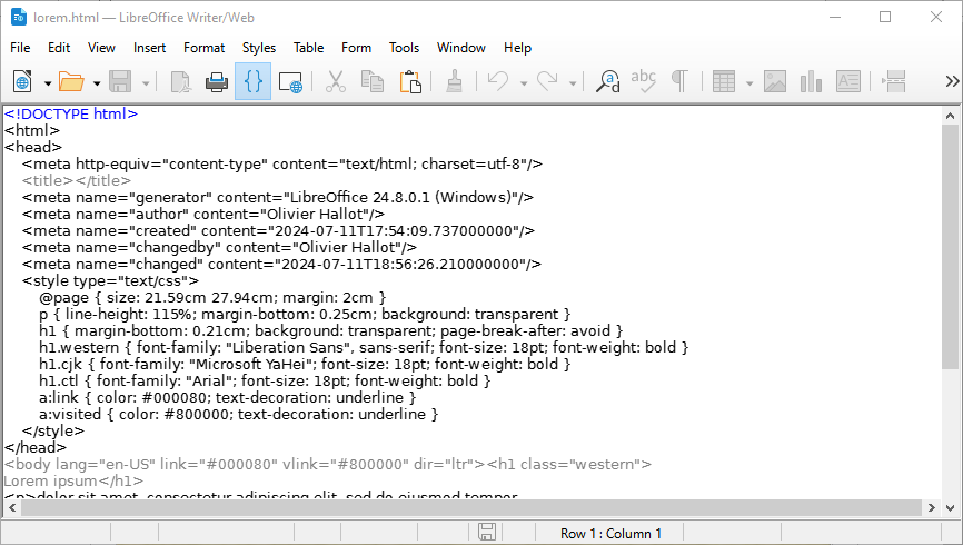 Example of HTML Source view in Writer/Web