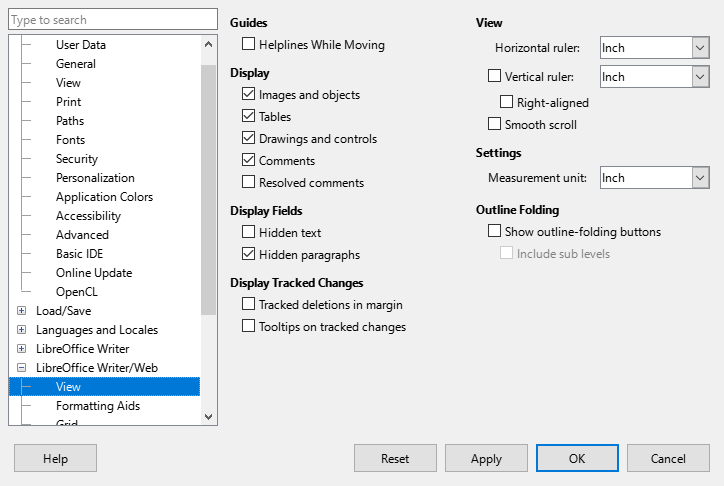Options LibreOffice Writer/Web dialog