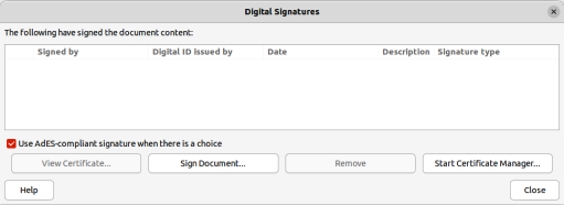 Digital Signatures dialog