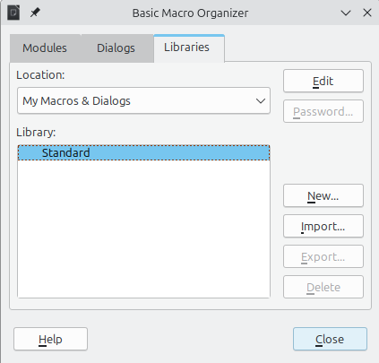 LibreOffice Basic Macro Organizer dialog, Libraries tab