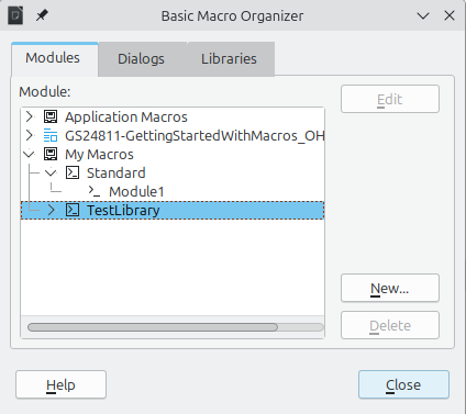 Basic Macro Organizer dialog, Modules tab