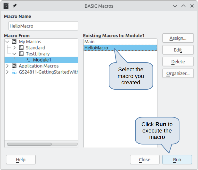 Dialog to select and run a macro