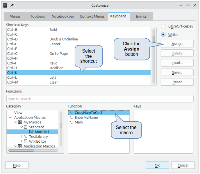 Assigning a shortcut to a macro