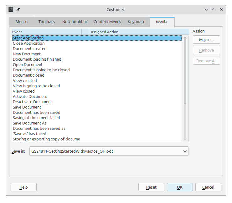 Events tab in Customize dialog
