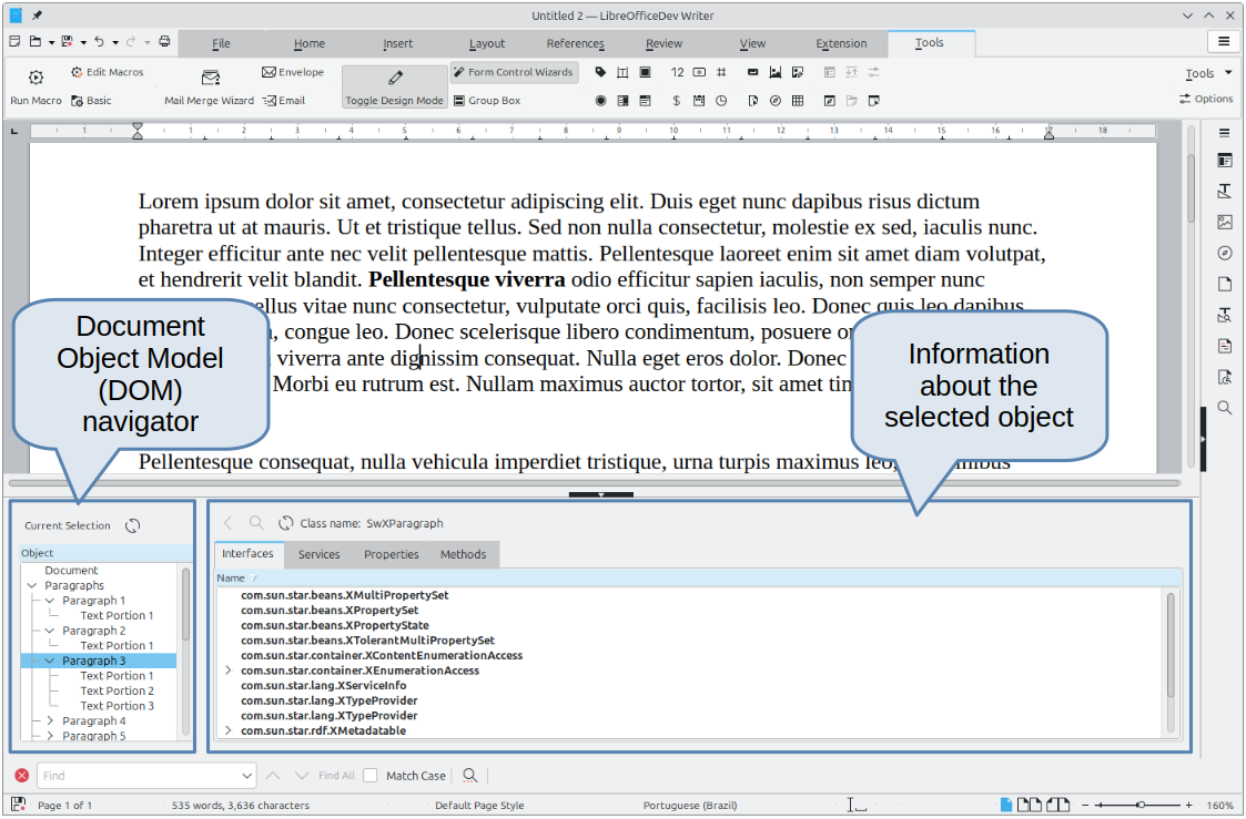 UNO Object Inspector opened in a Writer document