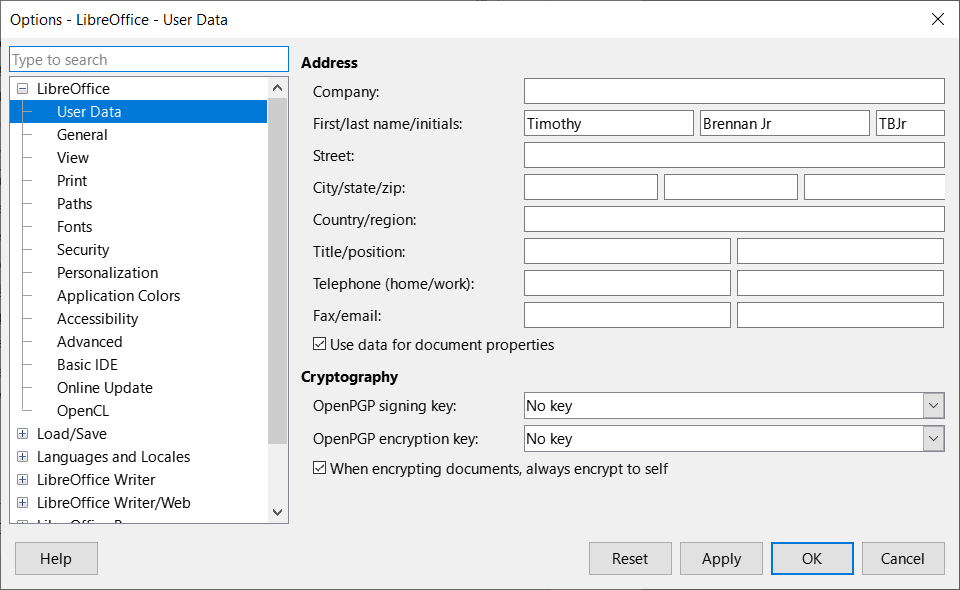 Options LibreOffice dialog — User Data page