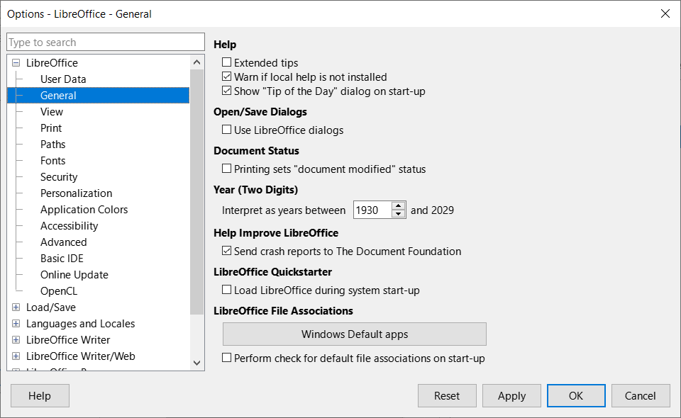Options LibreOffice dialog — General page