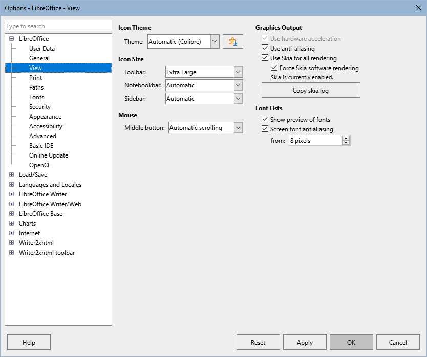 Options LibreOffice dialog — View page
