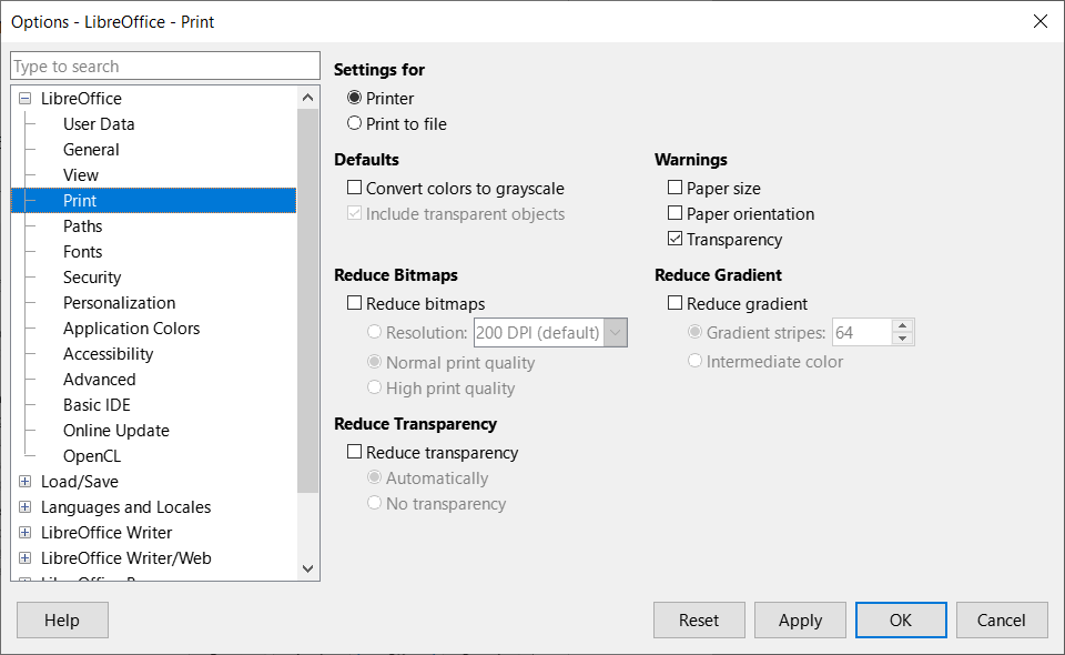 Options LibreOffice dialog — Print page
